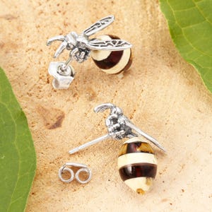 Baltic Amber Bee Stud Earrings Sterling Silver 925