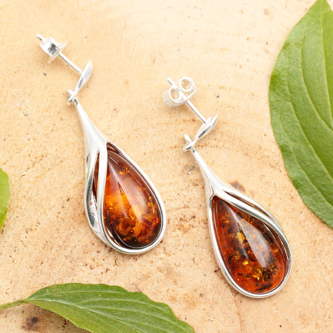 Dark Amber Pear Drop Earrings - Sterling Silver 925 With Natural Baltic ...