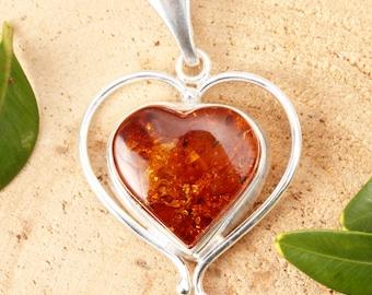 Baltic Amber Heart Pendant - Sterling Silver Leaf Design