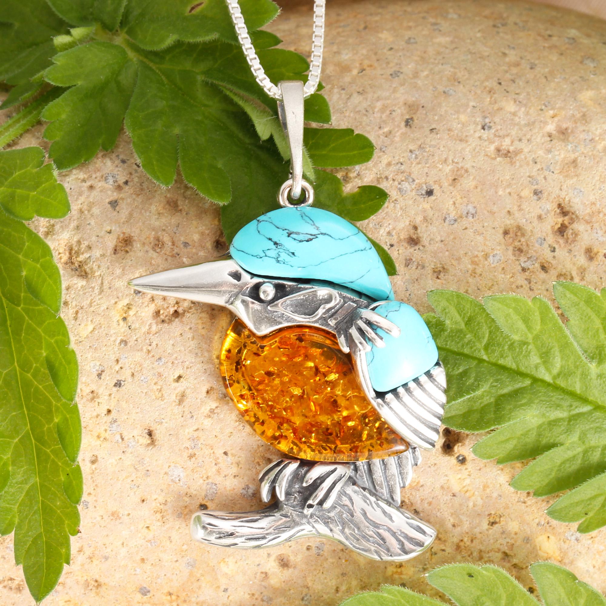 大きなカワセミペンダントネックレス - 925スターリングシルバー