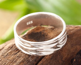 925 Sterling Silver Textured Band Statement Ring Minimalist Wave Pattern Unisex