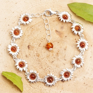 Adjustable Baltic Amber Sunflower Bracelet - Sterling Silver 925