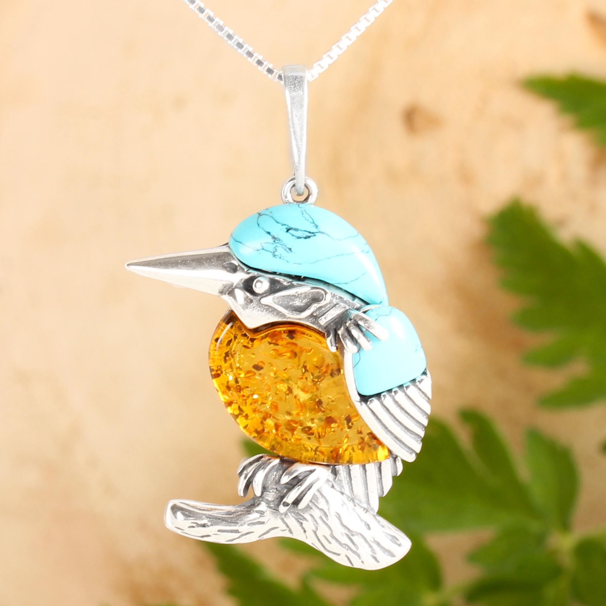 大きなカワセミペンダントネックレス - 925スターリングシルバー