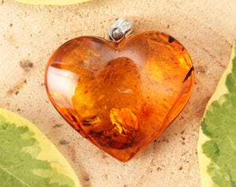 Honey Baltic Amber Heart Pendant - Sterling Silver 925
