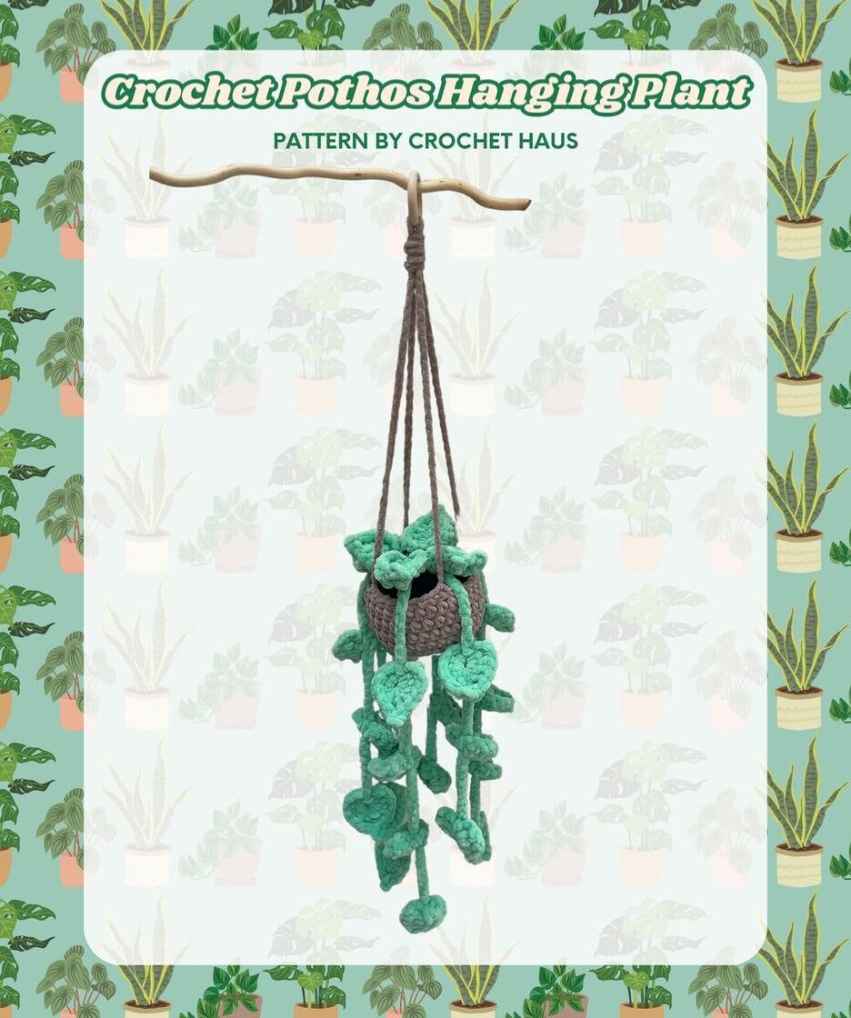 38 Hanging Plant Crochet Patterns to Brighten Your Home and Car Decor 34 Crochet Life-Size Pothos Hanging Plant