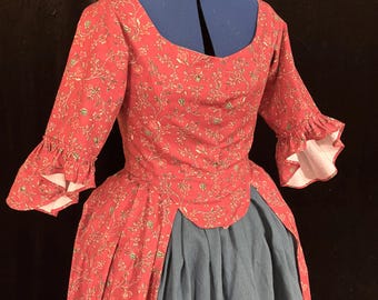 Katoenen jurk Williamsburg, Robe a L'Anglaise, 18e eeuw, maat 20