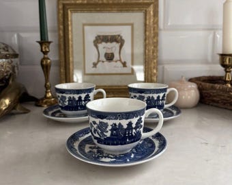 Vintage Johnson Brothers Bros. Blue Willow Teacup & Saucer England Set of 3