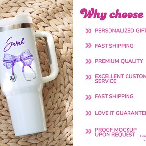 May include: White tumbler with a handle, featuring a purple bow and stethoscope design, and the name "Sarah" in script. The tumbler has a silver rim and is set against a woven background. Text on the right side says "Why choose us?"