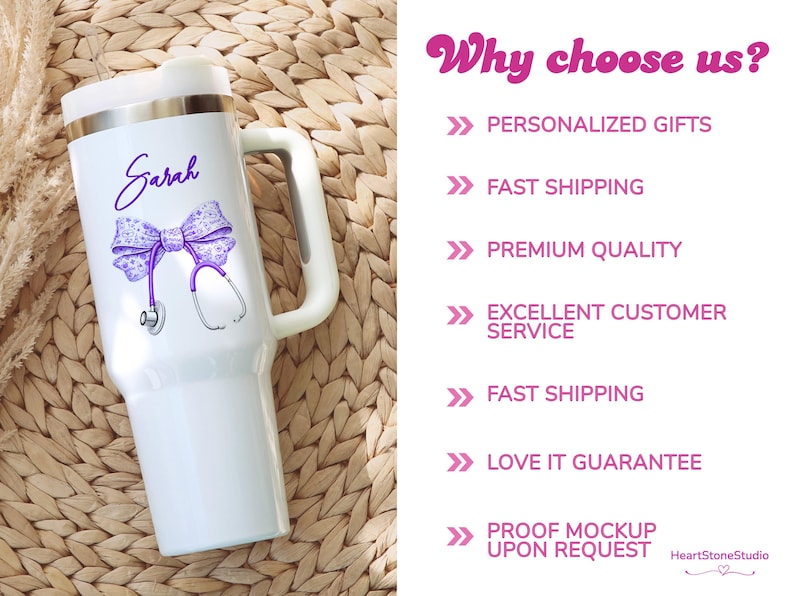 May include: White tumbler with a handle, featuring a purple bow and stethoscope design, and the name "Sarah" in script. The tumbler has a silver rim and is set against a woven background. Text on the right side says "Why choose us?"