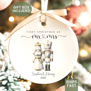Personalized First Christmas Married Ornament-Gold & White Nutcracker Couple, Names Year 2025