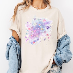 Floral Cosmos T-shirt  Celestial Stars Galaxy Tee Shirt  Botanical Garden Clothing Nature Lover Gift Cosmic Flowery Top Floral Cosmos