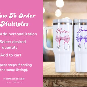 May include: Two white insulated tumblers with handles, each featuring a name, a bow, and a stethoscope design. One bow is pink with a pink stethoscope, and the other is purple with a purple stethoscope. The text "How To Order Multiples" is visible.