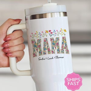 40 oz Custom Mama Tumbler - Floral Design with Personalized Kids' Names