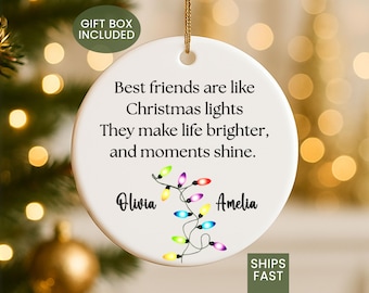 Personalized Friend Ornament – Christmas Lights, Porcelain Keepsake