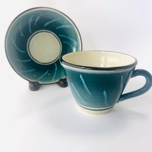 Teal Blue Ceramic Mug & Saucer | Handcrafted Vintage Pottery | Signed Richard Swanson 1994