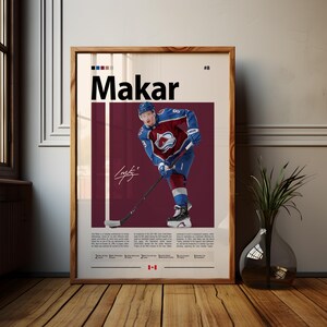 Pôster de Cale Makar, pôster do Colorado Avalanche, pôster da NHL, pôster de hóquei, pôster esportivo, moderno de meados do século, pôsteres esportivos para quarto
