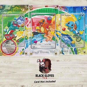 May include: Three trading card display cases featuring Bulbasaur, Charmander, and Squirtle. Each card has a colorful design with the character's name and stats. The cases are clear with a black and gold screw design and the text "Black Gloves TCG".