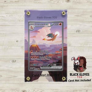 May include: A Charizard EX trading card in a protective case. The card features a Charizard illustration with a volcano and sky background. The case is secured with four gold-colored screws and has the text "Black Gloves TCG" and "Card Not Included".