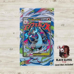 May include: A Mega Charizard X EX trading card in a clear acrylic case. The card features a blue and black dragon with the text "Inferno X". The case is secured with gold-colored screws, and the "Black Gloves TCG" logo is visible.