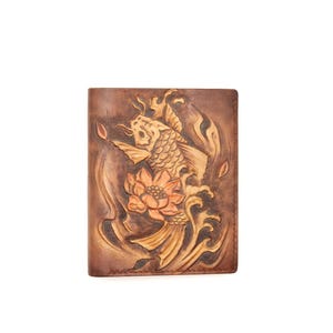 Vertical Bifold Leather Wallet with Hand-Carved Koi Fish & Lotus – Handmade Leather Wallet, Japanese Art, Good Luck Gift, Carved Wallet