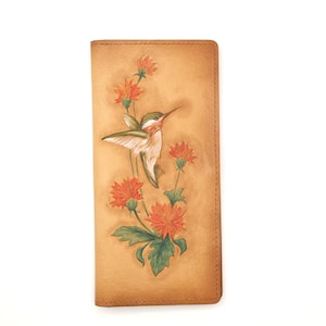 Cartera larga de cuero tallada a mano con colibrí – Cartera de inspiración floral natural – Cartera de cuero pintada a mano – Regalo elegante para ella