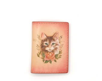 Cartera de cuero tallada a mano: diseño floral de gato, regalo para amantes de los gatitos, cartera hecha a mano con temática de mascotas, accesorio único para amantes de los gatos