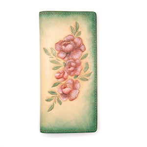Cartera larga de cuero con flores talladas a mano – Cartera con flores talladas para mujer – Clutch de cuero botánico – Regalo hecho a mano inspirado en la naturaleza