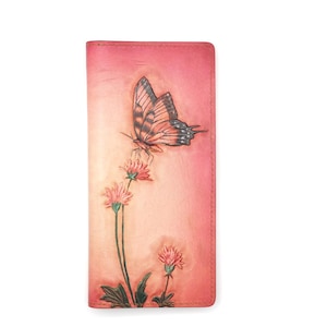 Cartera larga de cuero tallada a mano con mariposa – Cartera de cuero con diseño floral de la naturaleza – Cartera botánica rosa – Elegante regalo hecho a mano