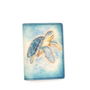 Hand-Carved Sea Turtle Mini Wallet – Blue Ocean Leather Wallet, Honu Wallet, Handmade Turtle Gift, Slim Leather Card Holder for Ocean Lovers