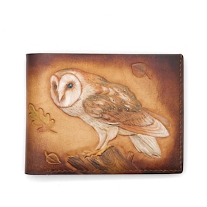 Handgeschnitzte weiße Eulen Ledergeldbörse - Handgemachte, von der Natur inspirierte Geldbörse, Symbol der Weisheit und Mysterie, einzigartiges Geschenk, Alohaleather