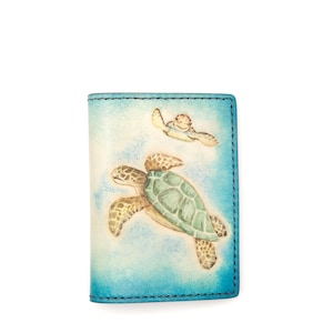 Mini Leather Wallet with Hand-Carved Sea Turtle and Baby – Honu Wallet, Handmade Leather Wallet, Minimalist Wallet, Ocean Lover Gift