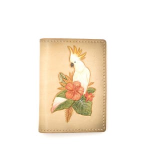 Mini billetera de cuero con cacatúa e hibisco tallados a mano: billetera de cuero hecha a mano, billetera de pájaro, billetera minimalista, regalo tropical