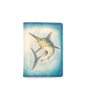 Mini billetera de cuero con marlín azul tallado a mano – Ocean Slim Wallet, billetera de cuero hecha a mano, regalo de pescador, billetera minimalista para hombre
