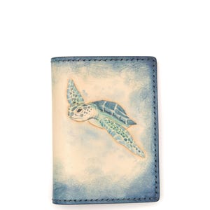 Mini Leather Wallet with Hand-Carved Blue Sea Turtle – Honu Ocean Wallet, Hawaiian Sea Life Gift, Handmade Leather Slim Wallet, Marine Art