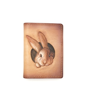 Mini billetera de cuero con conejito tallado a mano: billetera de cuero hecha a mano, billetera de conejo, billetera minimalista, regalo de cuero para amantes de los animales