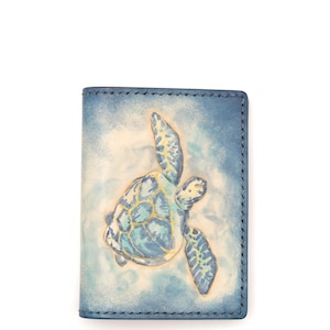 Mini Leather Wallet with Hand-Carved Blue Sea Turtle – Honu Wallet, Ocean Lover Gift, Handmade Leather Slim Wallet, Marine Life Art