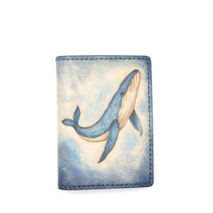 Mini Leather Wallet with Hand-Carved Blue Whale – Ocean Wallet, Whale Gift, Handmade Leather Wallet, Minimalist Wallet for Nature Lovers