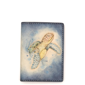 Mini Leather Wallet with Hand-Carved Sea Turtle – Ocean Wallet, Handmade Leather Slim Wallet, Honu Gift, Marine Life Art