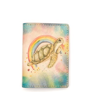 Mini Leather Wallet with Hand-Carved Sea Turtle and Rainbow – Ocean Lover Wallet, Handmade Leather Slim Wallet, Colorful Marine Life Gift
