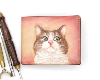 Cartera de cuero tallada a mano con forma de gato de Alohaleather: cartera con arte felino hecha a mano, regalo único para amantes de los gatos, artesanía