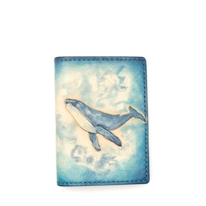 Mini Leather Wallet with Hand-Carved Whale – Blue Ocean Slim Wallet, Handmade Leather Minimalist Wallet, Gift for Ocean Lovers