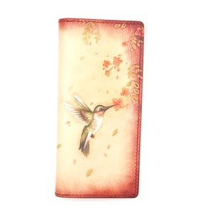Cartera larga de cuero artesanal con diseño de colibrí y flores / Regalo inspirado en la naturaleza para mujer / Cartera de mano de cuero con diseño floral