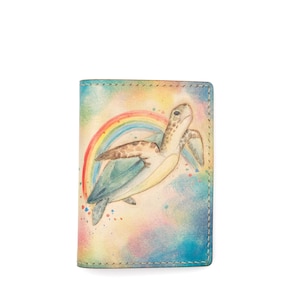 Mini Leather Wallet with Hand-Carved Sea Turtle & Rainbow – Handmade Leather Wallet, Turtle Wallet, Minimalist Wallet, Leather Wallet Gift
