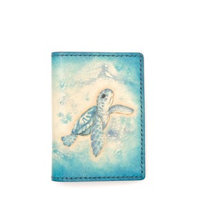 Mini Leather Wallet with Hand-Carved Baby Sea Turtle – Handmade Leather Wallet, Baby Turtle Wallet, Minimalist Wallet, Ocean Lover Gift