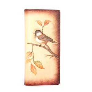 Hand-Tooled Leather Long Wallet – Chickadee & Autumn Branch Design | Bird Lover Gift | Nature-Inspired Handmade Leather Wallet