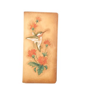 Carteira longa de couro feita à mão – design de beija-flor e flor silvestre laranja