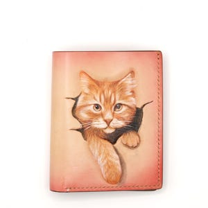 Cartera de cuero tallada y pintada a mano: Minitarjetero con gato naranja asomado - Alohaleather