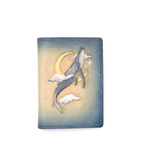 Mini Leather Wallet with Hand-Carved Whale & Moon – Ocean-Inspired Leather Wallet, Handmade Whale Wallet, Dreamy Sky Marine Art