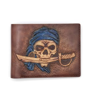 Cartera de cuero tallada a mano con forma de espada mordedora de calavera: cartera gótica hecha a mano, diseño de arte oscuro y vanguardista, regalo único para él, Alohaleather