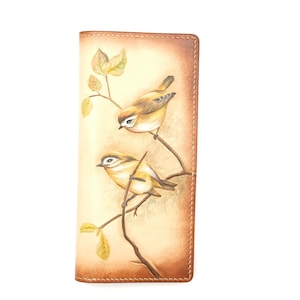 Cartera larga de cuero artesanal: Dos pájaros cantores en una rama / Cartera de cuero estilo bosque / Cartera plegable de inspiración natural para hombre y mujer